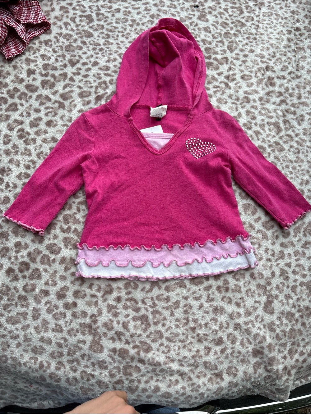 Y2K Girls Size 3T Pink Hooded Ruffle Hem Top with Rhinestone Heart Detail